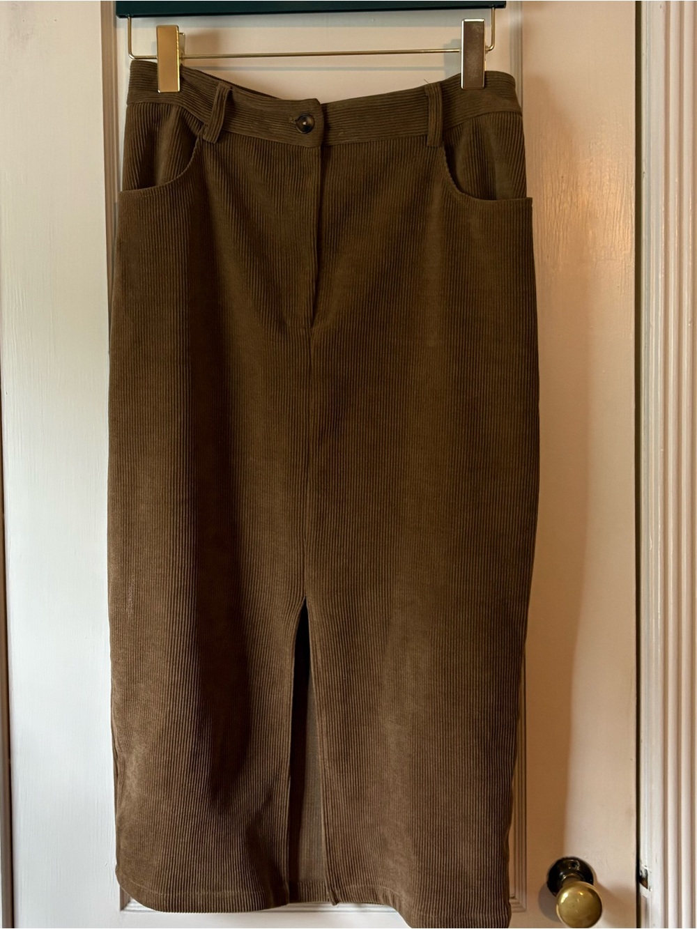 Women’s Khaki Corduroy Midi Skirt with Front Slit size 10